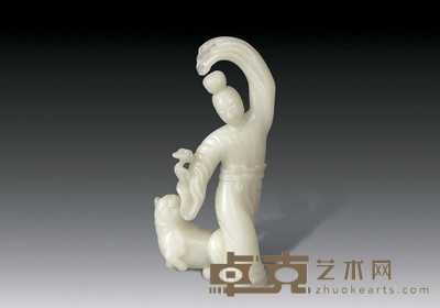 民国 白玉雕仕女舞狮立件 高20cm